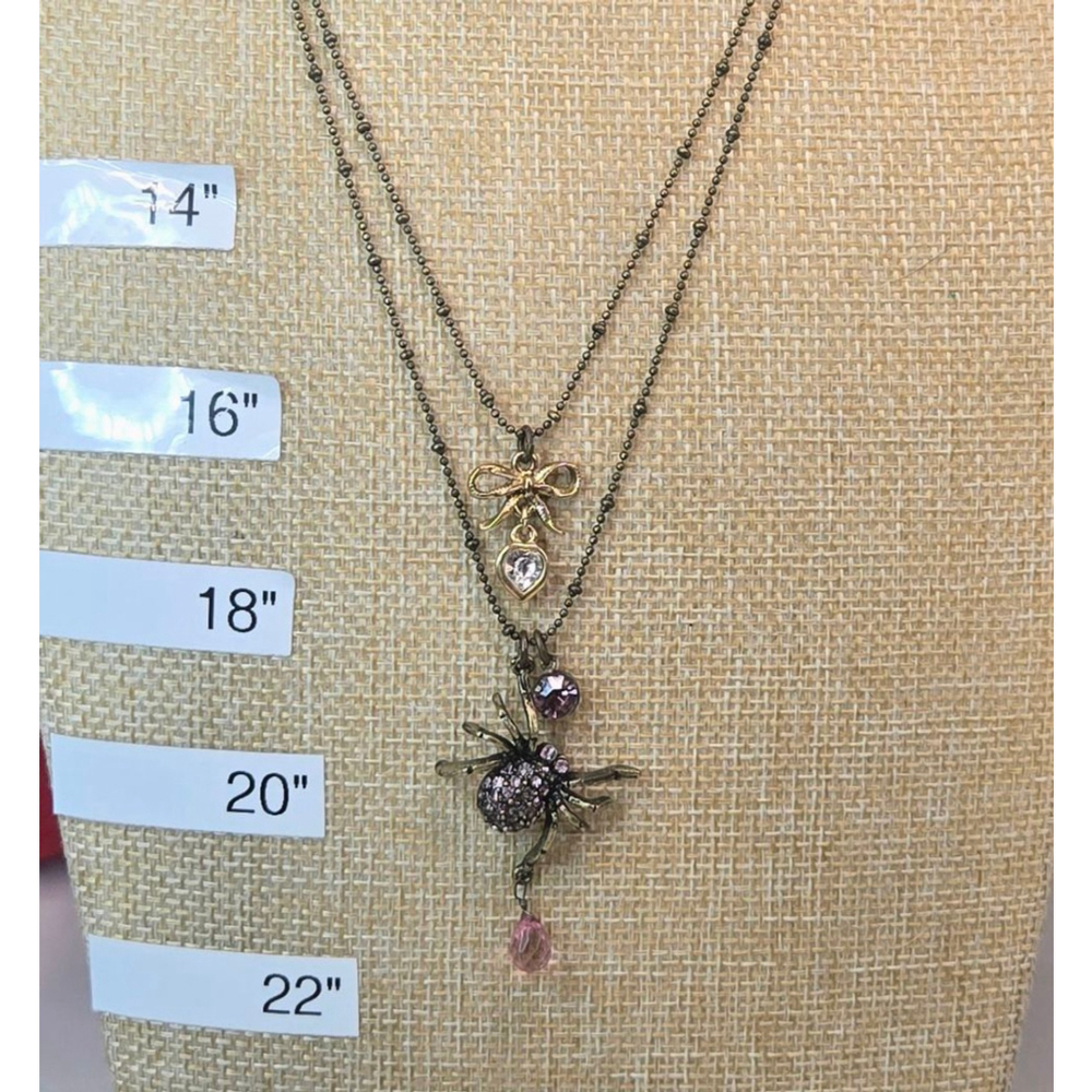 Betsey Johnson Necklace Double Strand Bronze Purple Spider Bow Drop Crystal